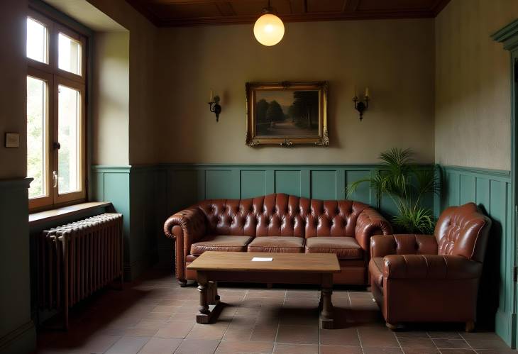 Cozy Vintage Interior with Leather Couch, Wooden Table, and Hanging Pendant Light